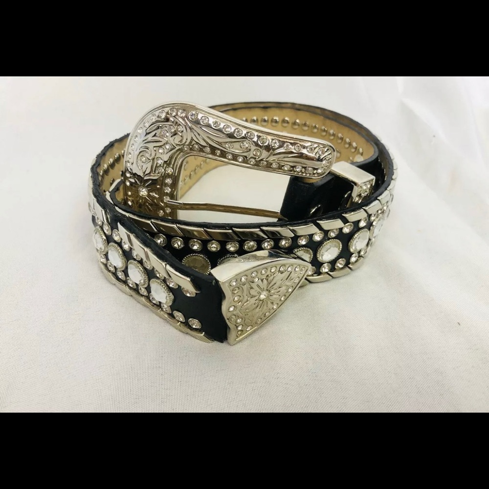 WILDFIRE size 30 small black leather studded swarovski crystal Belt womens NEW